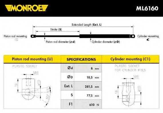 Газова пружина, капот MONROE ML6160