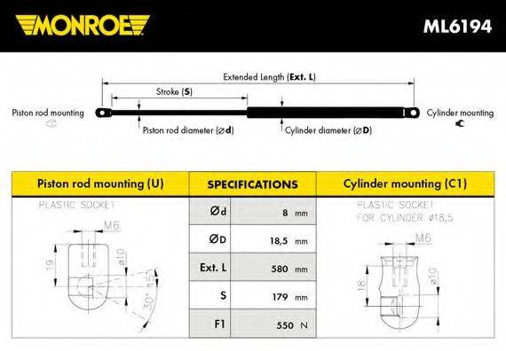 Газова пружина, кришка багажника MONROE ML6194